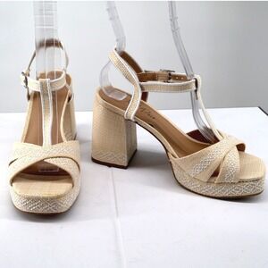 Wild Pair Harperr White Linen Platform Block Heel Sandals T Strap NIB 9.5